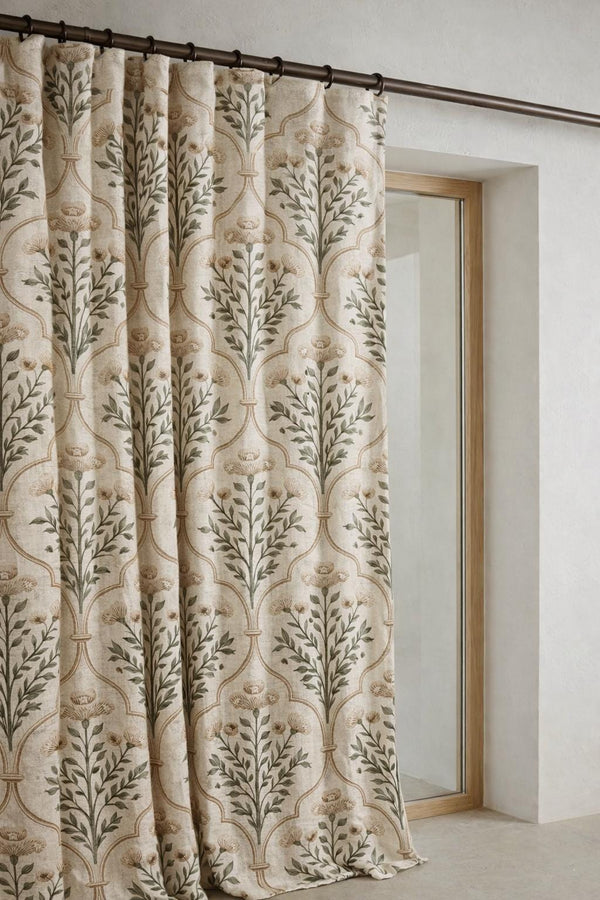 Linen Botanical Curtain, Sage Green Floral Drapes, Neutral Farmhouse Window Panel