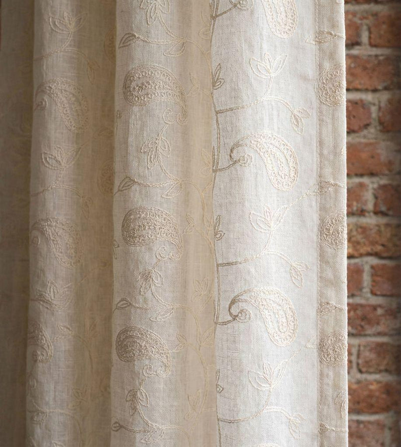 Embroidered  Linen Curtain: Tonal Paisley Vine Linen Drapes