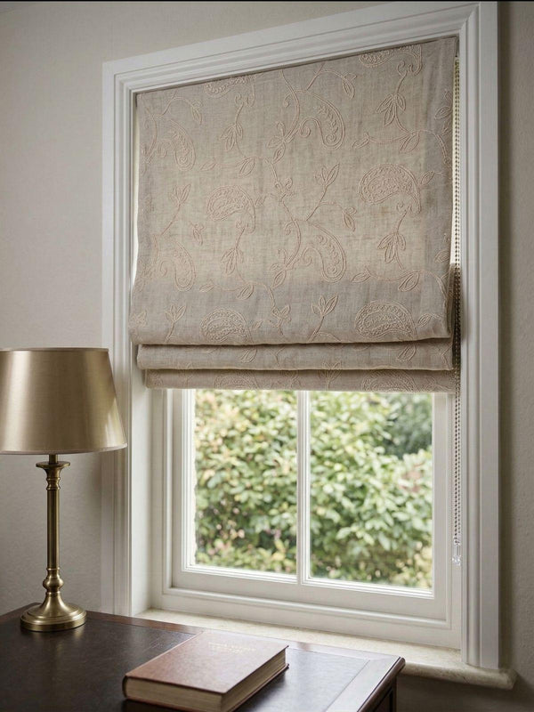 Embroidered Roman Shade, Neutral Beige Paisley Linen Look Roman Blind, Chain Control Curtain