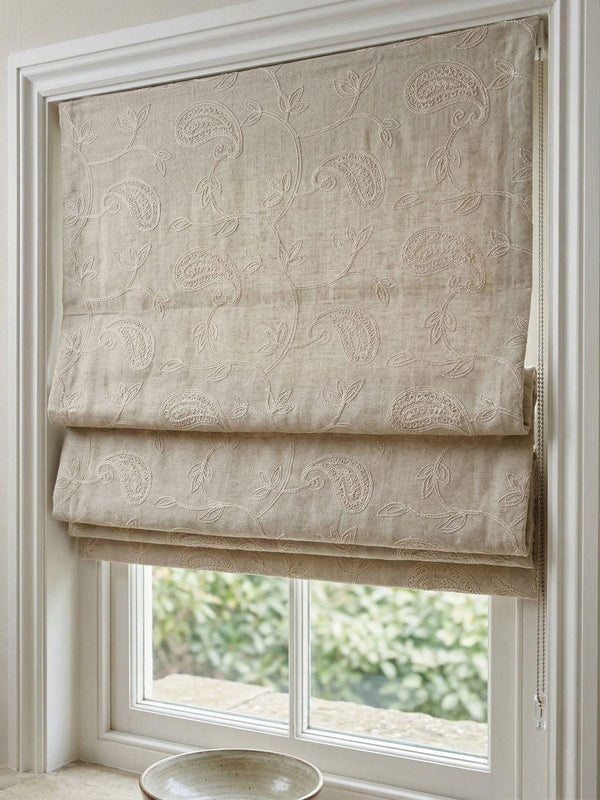Embroidered Roman Shade, Neutral Beige Paisley Linen Look Roman Blind, Chain Control Curtain