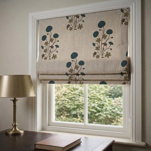 Floral Botanical Linen Roman Shade, Custom Farmhouse Window Blind, Cottage Style Curtain