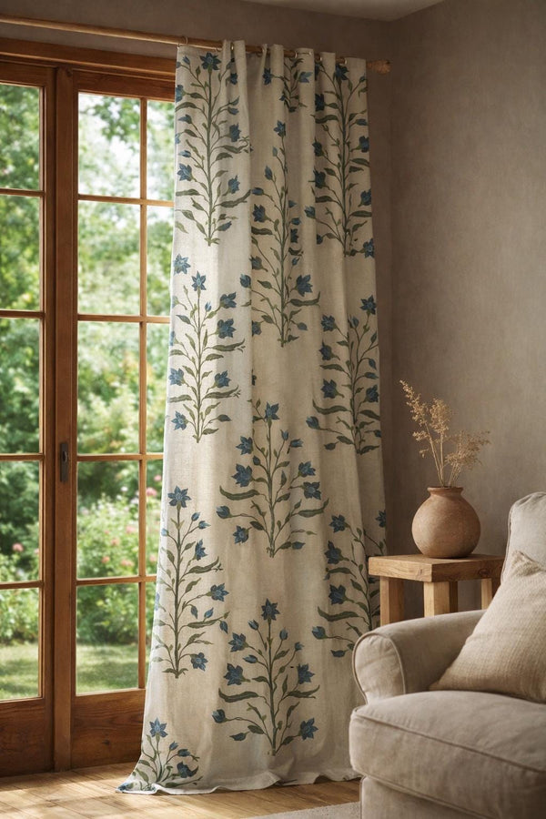 Blue Botanical Linen Curtain Panel, William Morris Style Floral Drapes