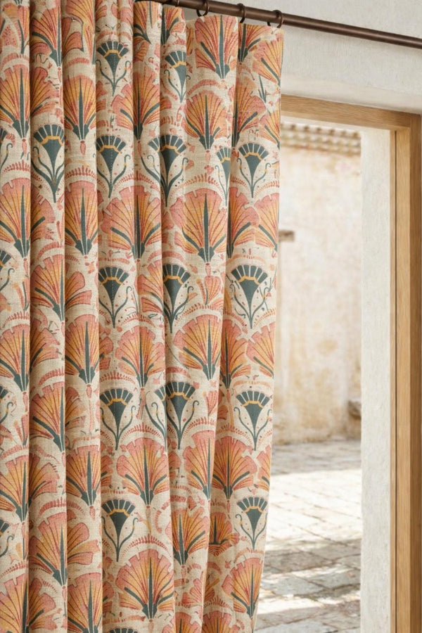 Art Deco Floral Linen Curtain Panel, Boho Vintage Drapery, Farmhouse Window Treatment