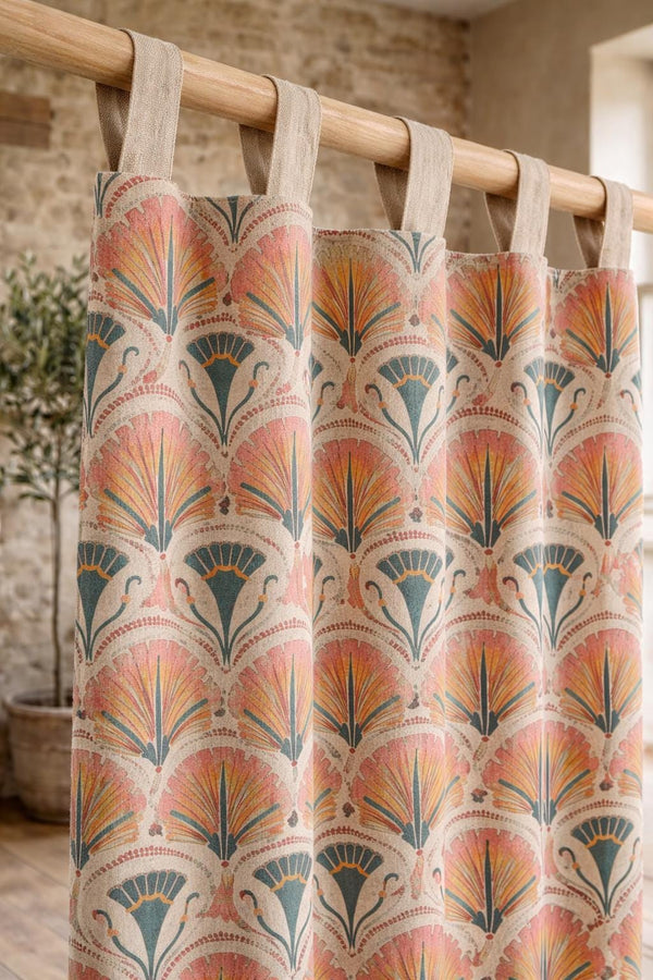 Art Deco Floral Linen Curtain Panel, Boho Vintage Drapery, Farmhouse Window Treatment