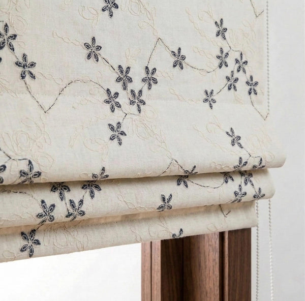 Embroidered Linen Roman Shade, Neutral Floral Blind, Farmhouse Window Curtain