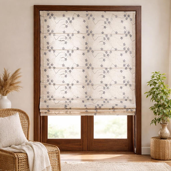 Embroidered Linen Roman Shade, Neutral Floral Blind, Farmhouse Window Curtain