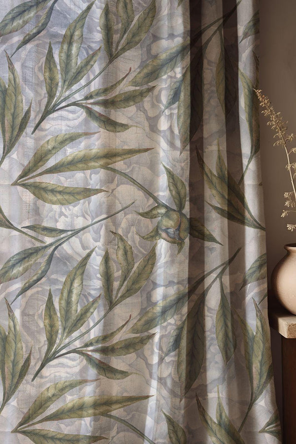 Watercolor Floral Botanical Linen Curtain, Pale Blue Sage Leaves Print Drapes