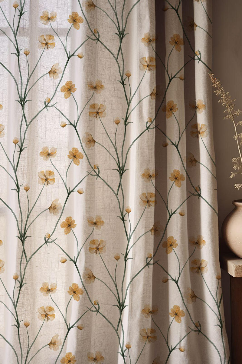 Yellow Floral Vine Linen Curtain, Delicate Botanical Watercolor Print Drapes,  Custom Size