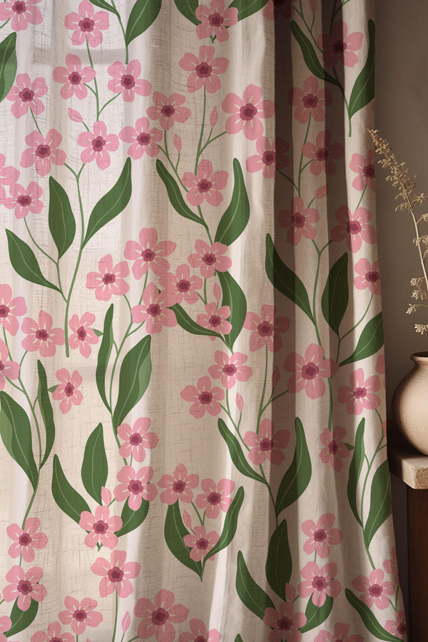 Pink Floral Botanical Linen Curtain, Trailing Green Leaves & Blossom Print Drapes,  Custom Size