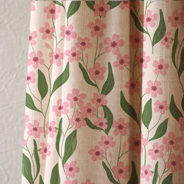 Pink Floral Botanical Linen Curtain, Trailing Green Leaves & Blossom Print Drapes,  Custom Size