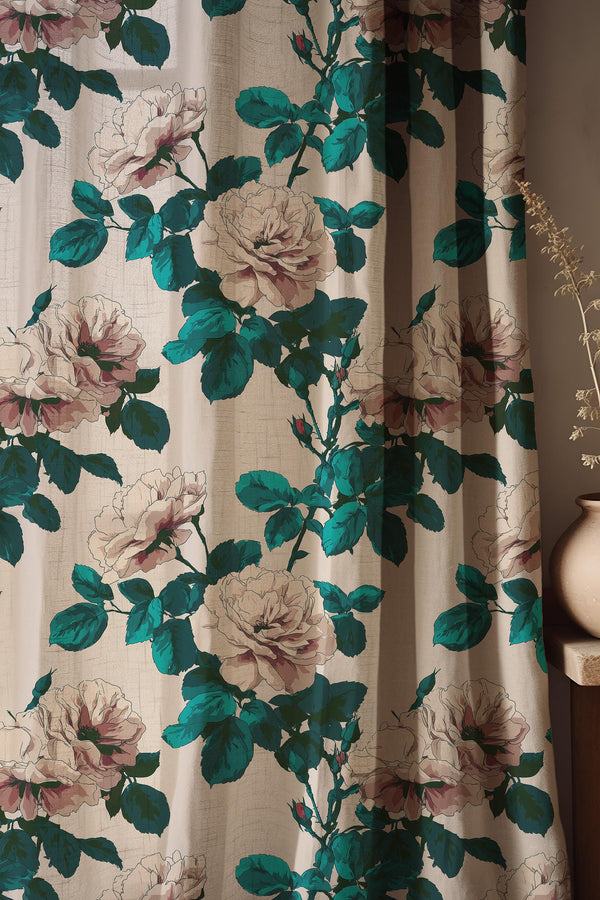 Vintage Floral Linen Curtain Panel, Rose Botanical Cottagecore Drapes