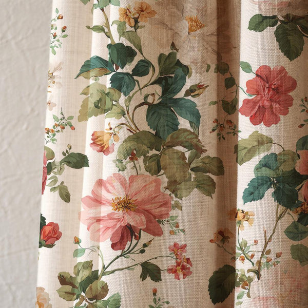 Vintage Floral Linen Curtain Panel, Botanical Rose Botanical Drapes, Cottagecore Window Accent