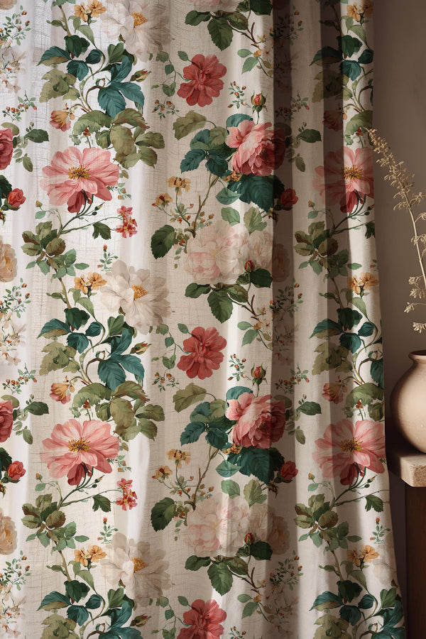 Vintage Floral Linen Curtain Panel, Botanical Rose Botanical Drapes, Cottagecore Window Accent