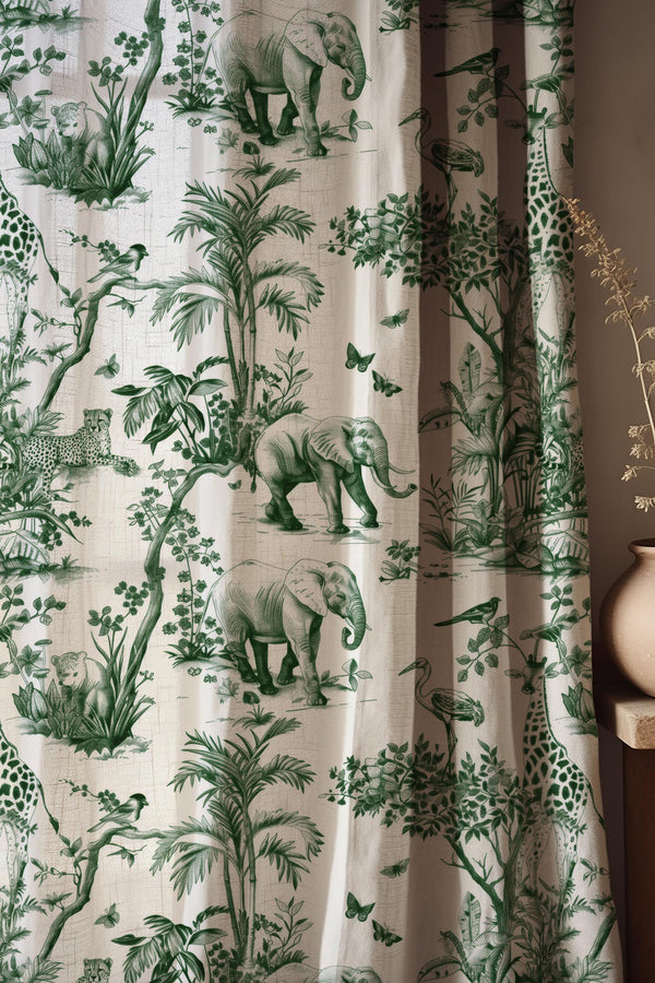 Safari Toile Curtain Panel, Elephant Giraffe Botanical Drapes, Green Wildlife Tropical Window Treatment