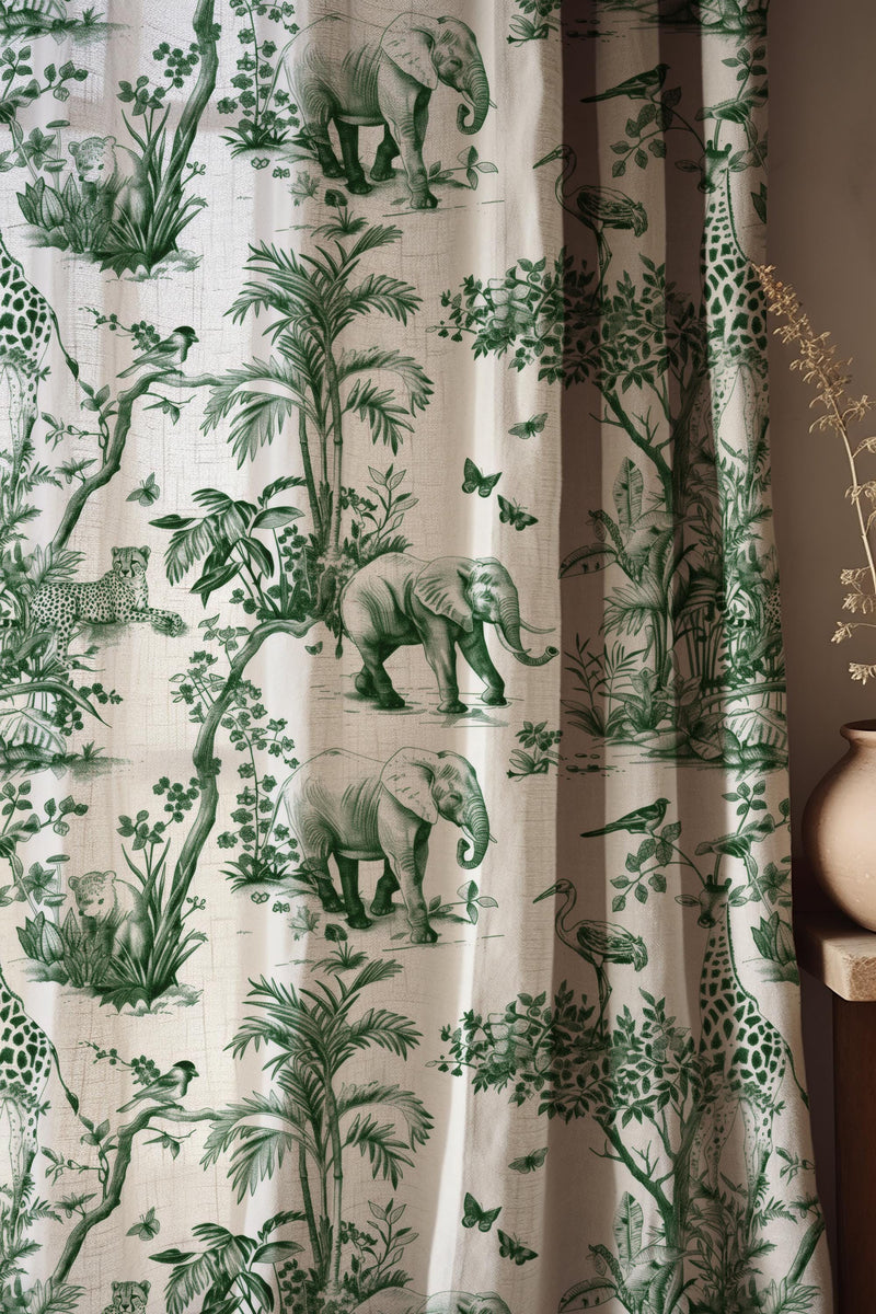 Safari Toile Curtain Panel, Elephant Giraffe Botanical Drapes, Green Wildlife Tropical Window Treatment