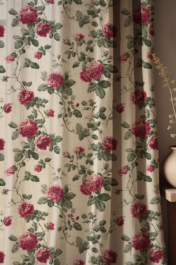 Vintage Rose Linen Curtain Panel, Floral Cottagecore Botanical Drapes