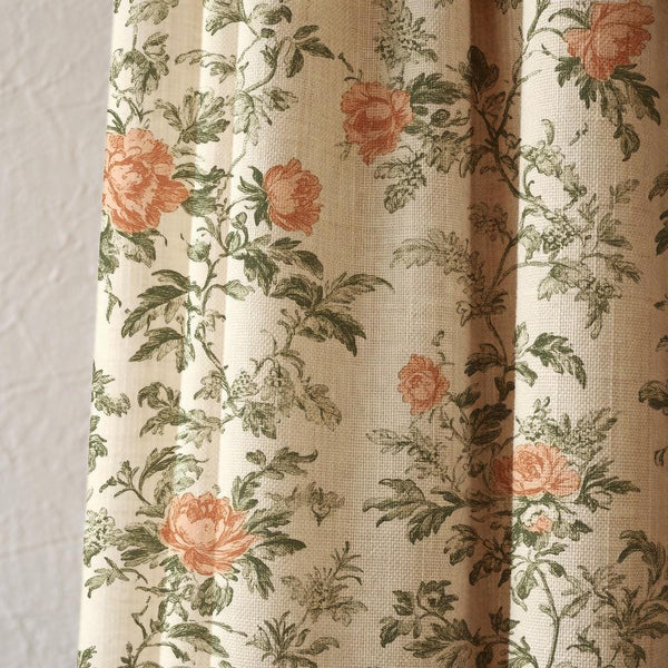 Vintage Botanical Linen Curtain Panel, Peach Floral Cottagecore Drapes