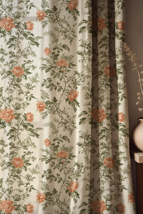 Vintage Botanical Linen Curtain Panel, Peach Floral Cottagecore Drapes