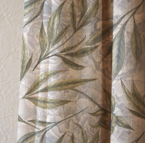 Watercolor Floral Botanical Linen Curtain, Pale Blue Sage Leaves Print Drapes