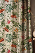 Tropical Botanical Linen Curtain, Monstera Leaves and Orange Flowers Print Drapes,  Custom Size - Image 1