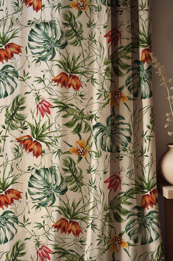 Tropical Botanical Linen Curtain, Monstera Leaves and Orange Flowers Print Drapes,  Custom Size