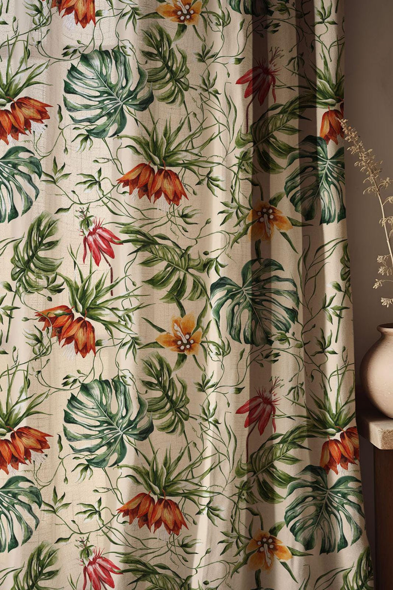 Tropical Botanical Linen Curtain, Monstera Leaves and Orange Flowers Print Drapes,  Custom Size