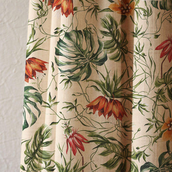 Tropical Botanical Linen Curtain, Monstera Leaves and Orange Flowers Print Drapes,  Custom Size