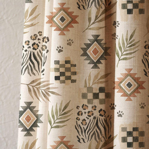 Boho Tribal Linen Curtain, Leopard and Leaf Print Drapes,  Custom Size