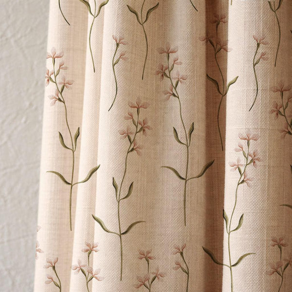 Wildflower Sprig Linen Curtain, Pink Blooms and Green Stems Print Drapes,  Custom Size