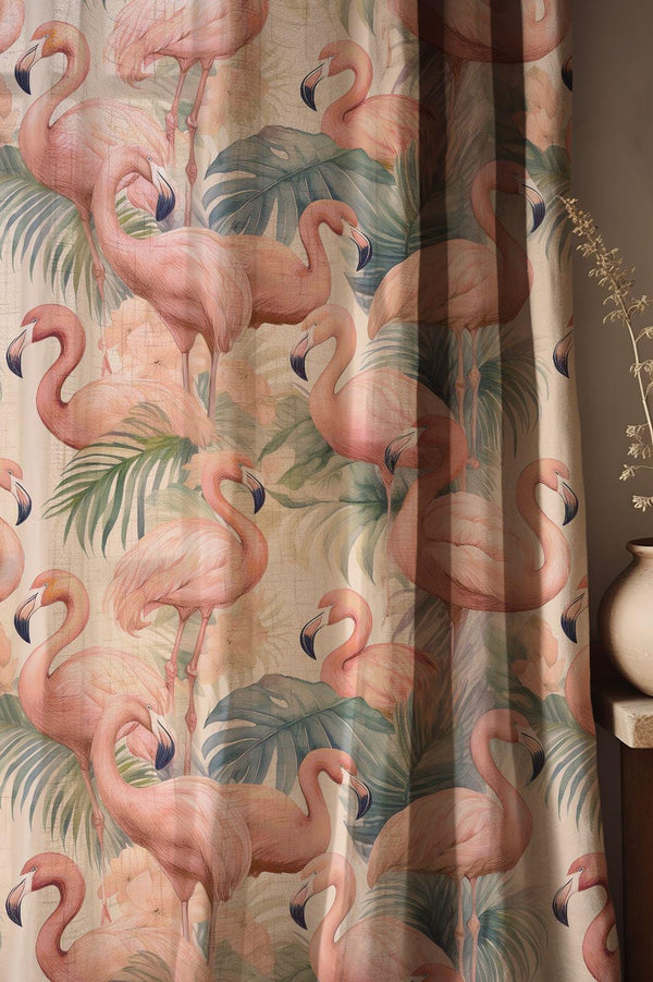 Pink Flamingo Linen Curtain, Tropical Leaf Print Drapes,  Custom Size