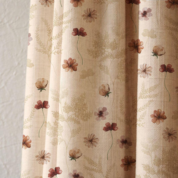 Scattered Floral Meadow Linen Curtain, Rust Blooms and Faint Ferns Print Drapes,  Custom Size