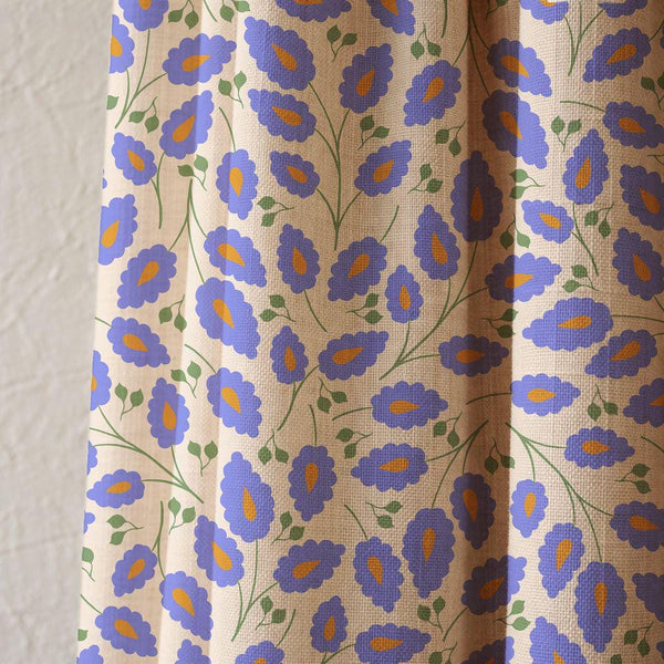 Bold Periwinkle Blue and Orange Linen Curtain, Green Stems Print Drapes,  Custom Size