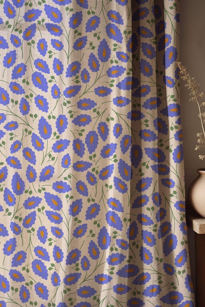 Bold Periwinkle Blue and Orange Linen Curtain, Green Stems Print Drapes,  Custom Size