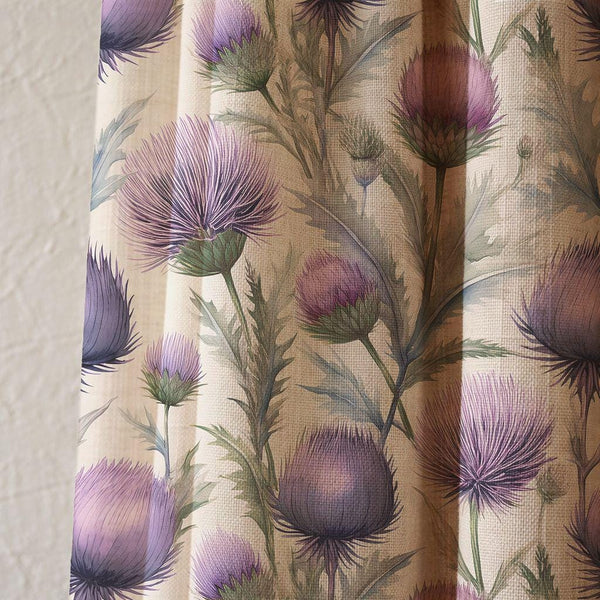 Large Purple Thistle Linen Curtain, Green Leaves Print Drapes,  Custom Size