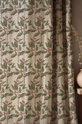 Green Leaf And Red Berry Linen Curtain, Botanical Print Drapes,  Custom Size - Image 1