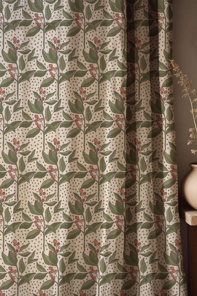 Green Leaf And Red Berry Linen Curtain, Botanical Print Drapes,  Custom Size
