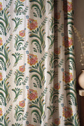 Colorful Folk Art Floral Linen Curtain, Green Stems & Red Blooms Print Drapes,  Custom Size - Image 1