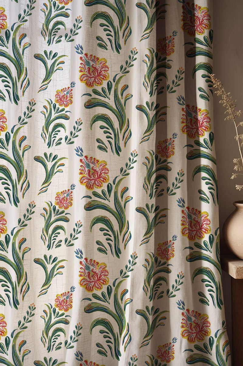 Colorful Folk Art Floral Linen Curtain, Green Stems & Red Blooms Print Drapes,  Custom Size