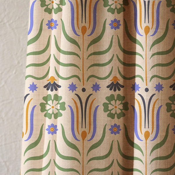 Symmetrical Folk Art Botanical Linen Curtain, Green Leaves Print Drapes,  Custom Size