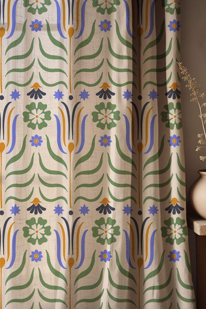 Symmetrical Folk Art Botanical Linen Curtain, Green Leaves Print Drapes,  Custom Size