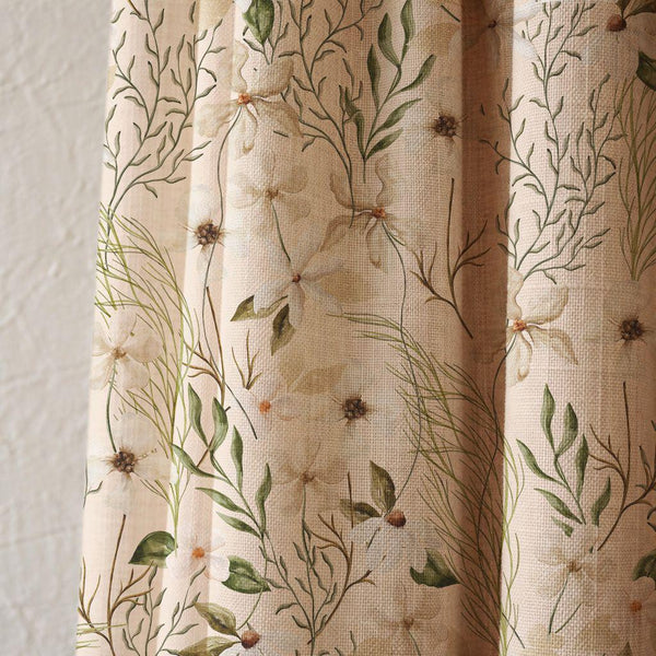 Soft White Wildflower Linen Curtain, Green Ferns Print Drapes,  Custom Size
