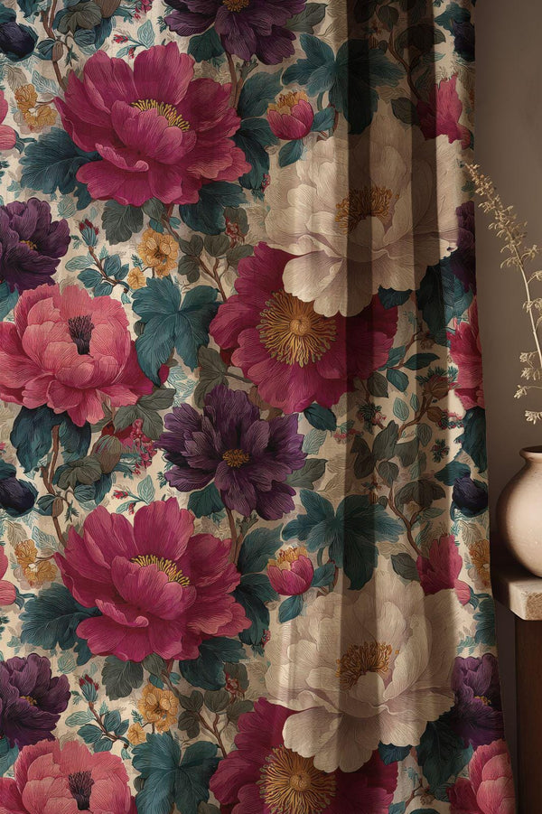 Vintage Style Dark Floral Linen Curtain, Pink And Purple Peonies Print Drapes,  Custom Size