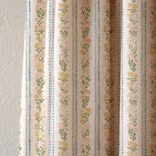 Floral Linen Curtain Panel, Vintage Stripe Botanical Drapes, Cottagecore Window Treatment