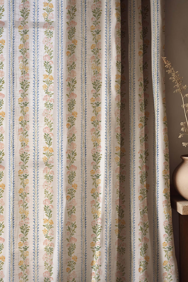 Floral Linen Curtain Panel, Vintage Stripe Botanical Drapes, Cottagecore Window Treatment