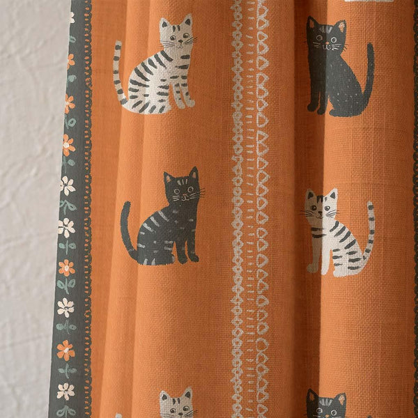 Linen Cat Print Curtain, Boho Rustic Window Panel, Farmhouse Animal Drapes