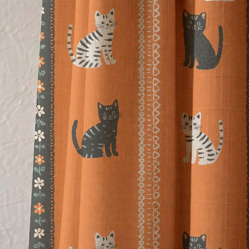 Linen Cat Print Curtain, Boho Rustic Window Panel, Farmhouse Animal Drapes