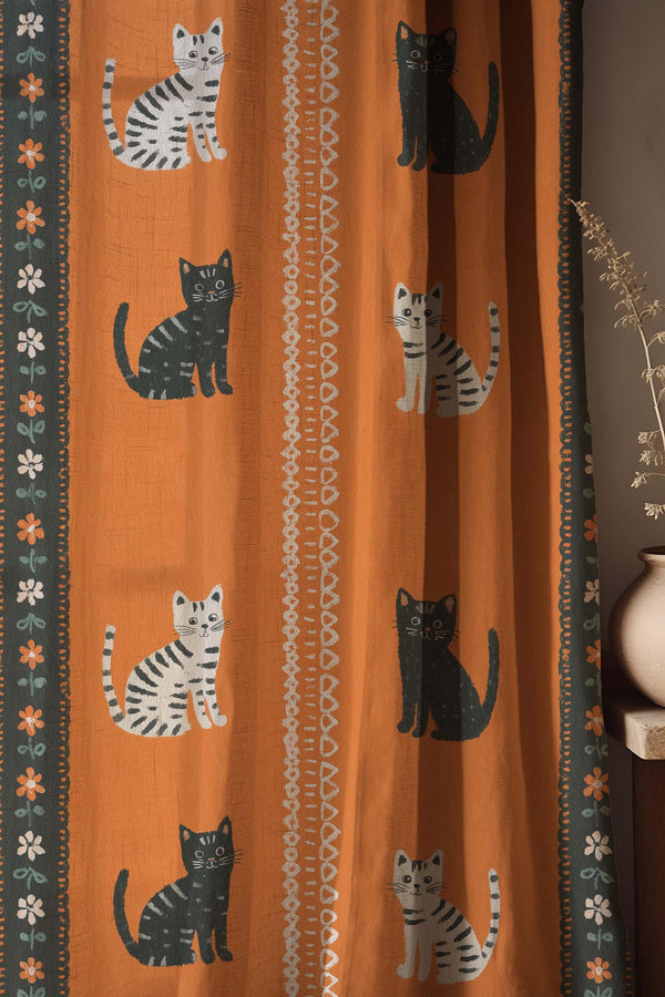 Linen Cat Print Curtain, Boho Rustic Window Panel, Farmhouse Animal Drapes