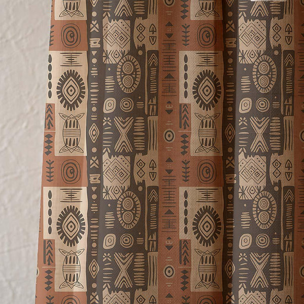 African Tribal Linen Curtain, Geometric Boho Earth Tone Drapes, Custom Size Window Panel