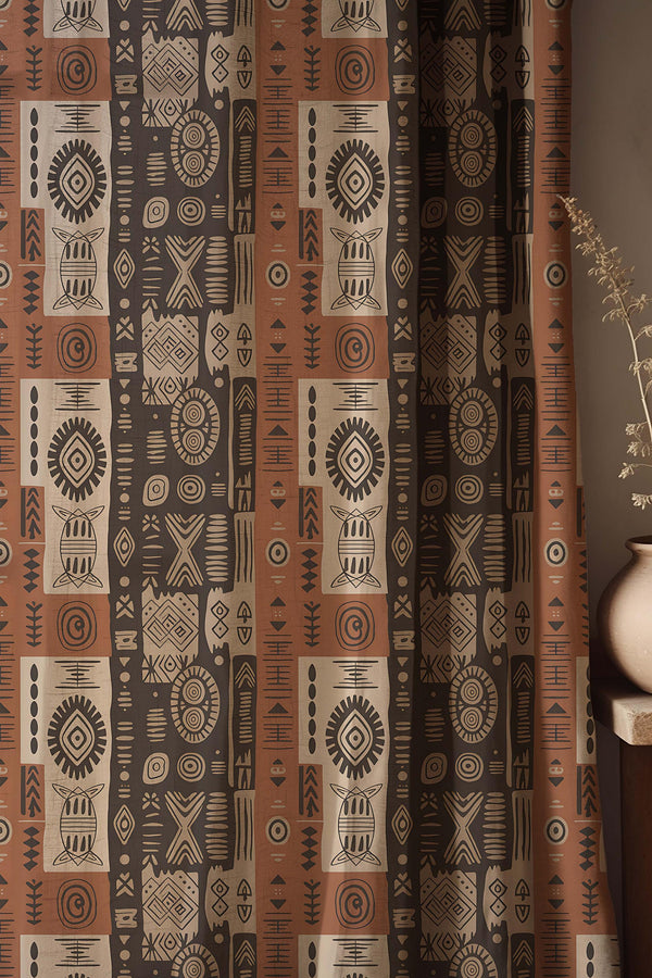 African Tribal Linen Curtain, Geometric Boho Earth Tone Drapes, Custom Size Window Panel