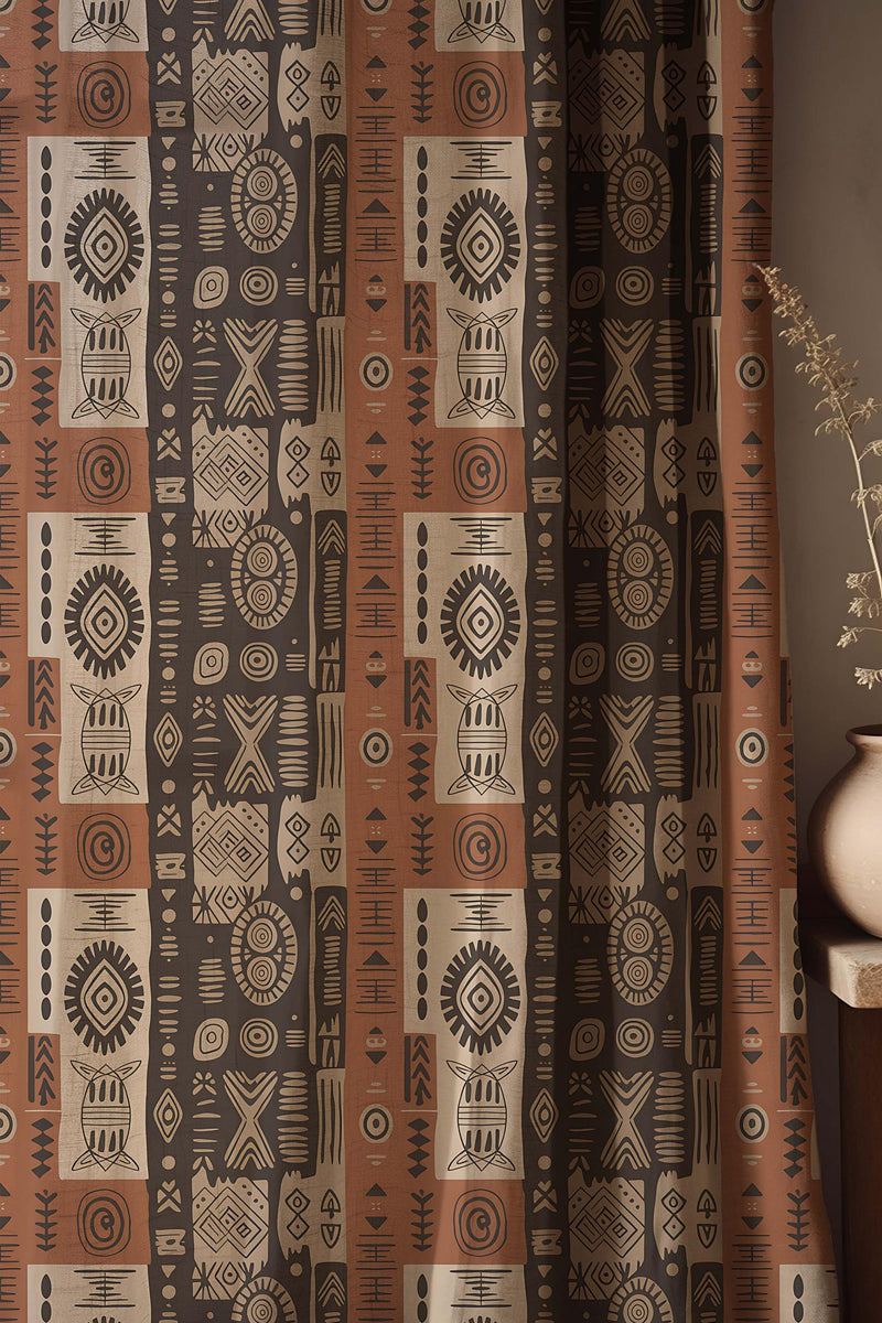 African Tribal Linen Curtain, Geometric Boho Earth Tone Drapes, Custom Size Window Panel